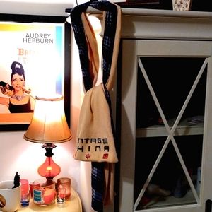 Vintage China blue plaid & cream waffle texture unisex flannel scarf-70 inches